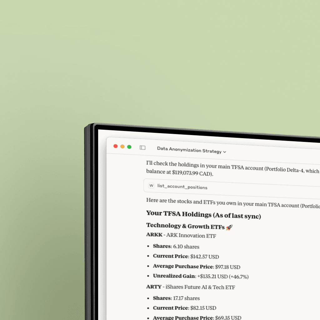 Close-up of a sophisticated AI chatbot interface on a tablet showing financial charts